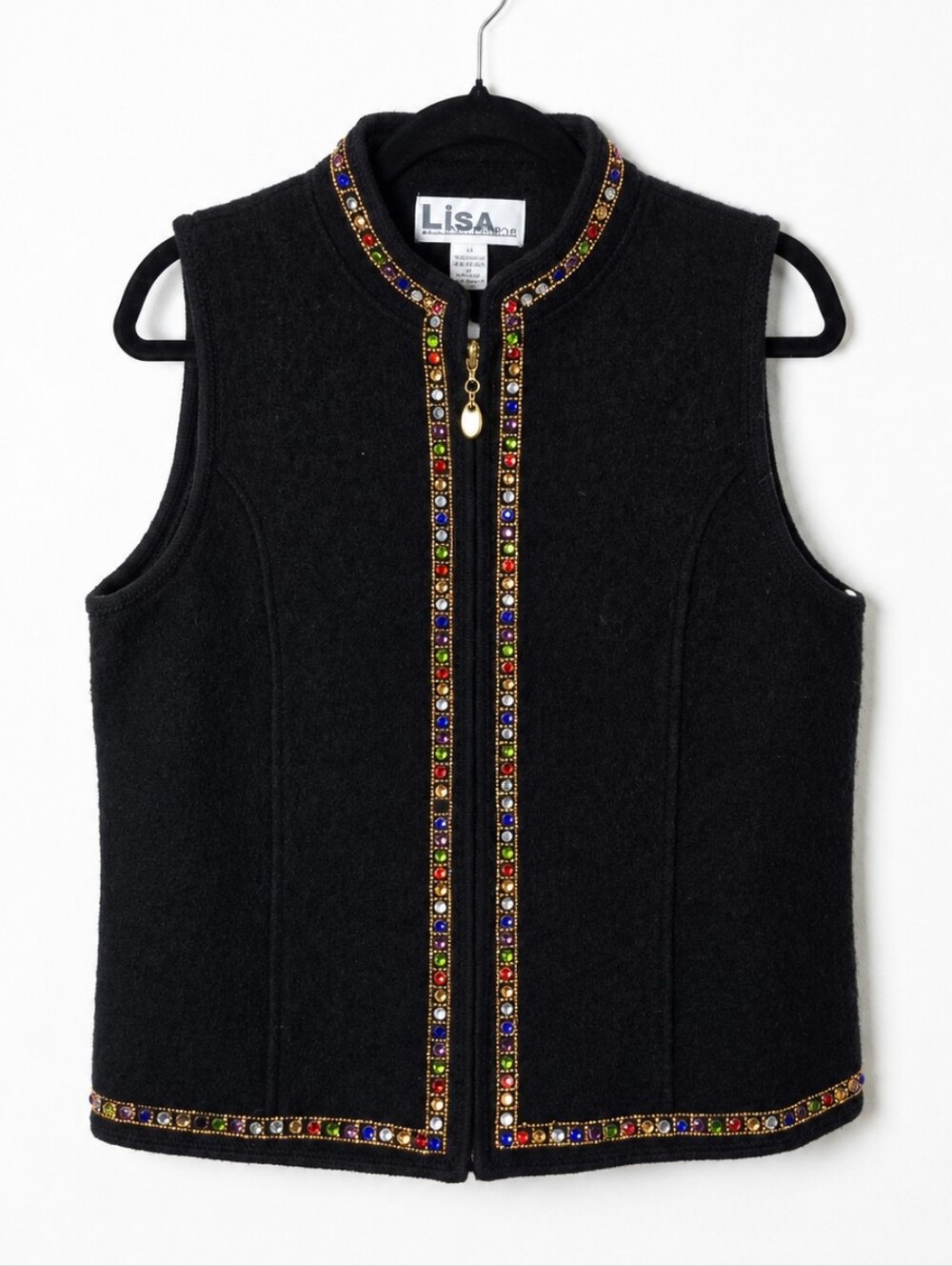 Lisa International 100% Boiled Wool Jeweled Zip Vest Black Artsy Boho Medium